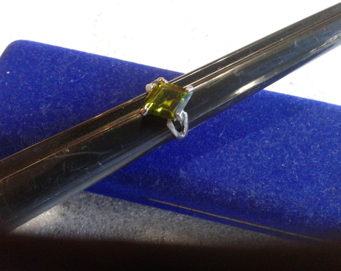 Olive Green Cubic Zirconia Silvertone Band, Lozenge Shaped S 7.5, Square with Clear Accents, 9 or Round Duotone Clear Accents, 10