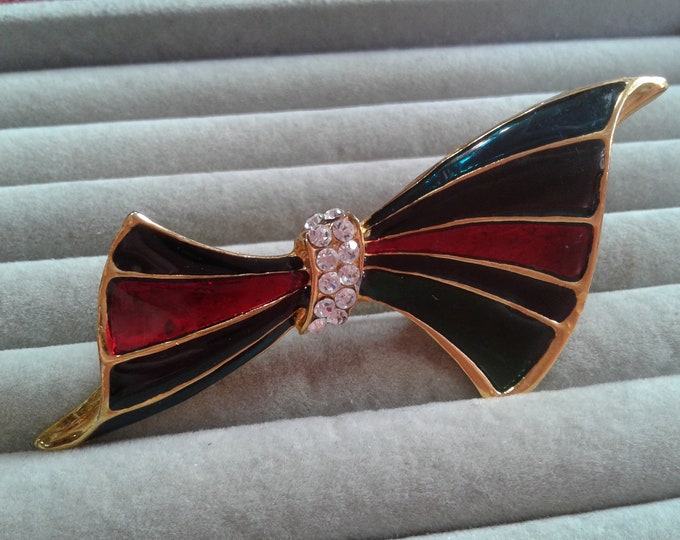 Goldtone, Rhinestone, and Multicolor Enamel Bow Brooch