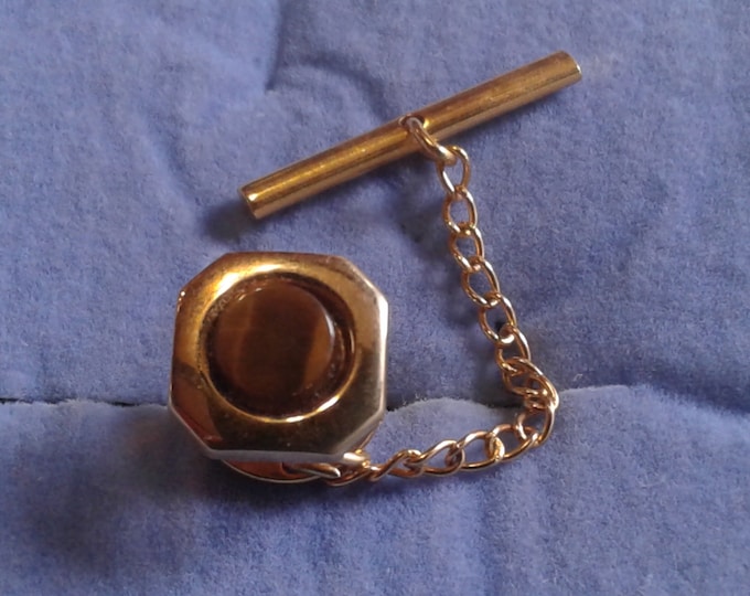 Small Brass Octagonal Tie Tack with Tiger's Eye Cabochon. Marked