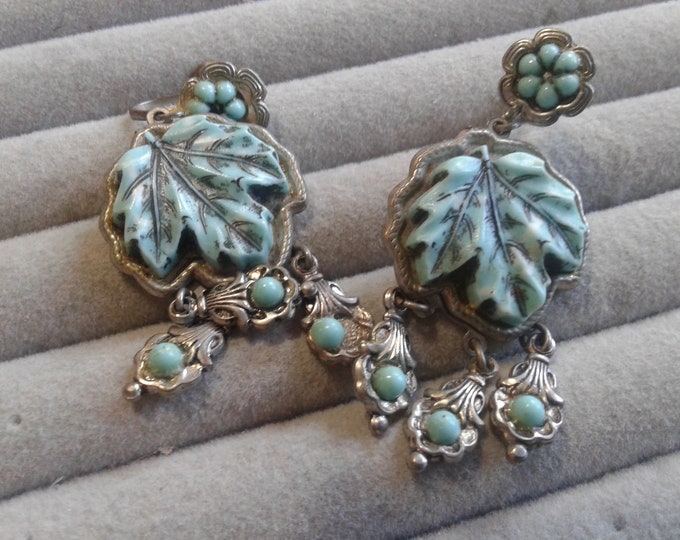 Faux Turquoise and Silvertone Screw Back Leaf Themed Dangle Earrings