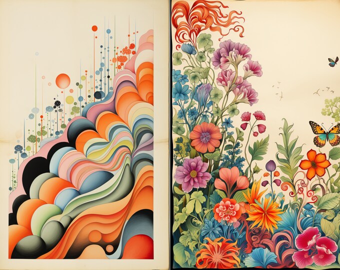 Seventies Sun Charming Retro Collage Background/Junk Journal Pages to Print at Home, 10 Designs. 5 Sheets