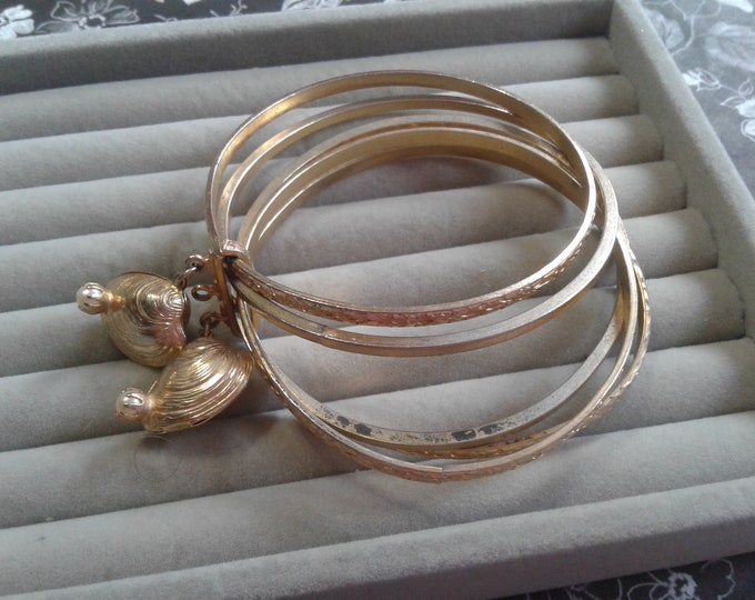 Set of Five Joined Goldtone Bangles with Shell and Cultured Pearl Dangles