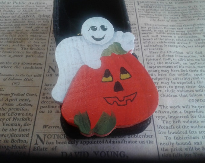 Vintage Handpainted Friendly Ghost and Jack O'Lantern Folk Art Wooden Pin