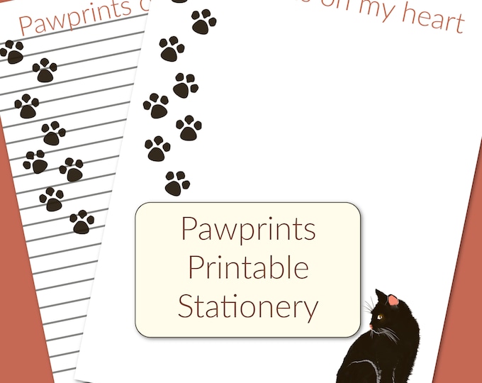 Pawprints on my Heart Cat Lover's Printable Stationery Set-Lined and Unlined-8.5"x11"
