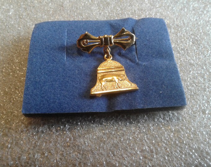 12K Gold Filled "Belle Ringer" Bow with Dangling Bell with Image of a Pig Pin, Marked