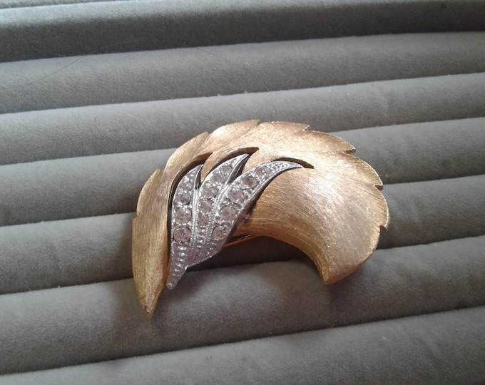 Vintage JJ Midcentury Leaf Brooch with Clear Rhinestones, Signed