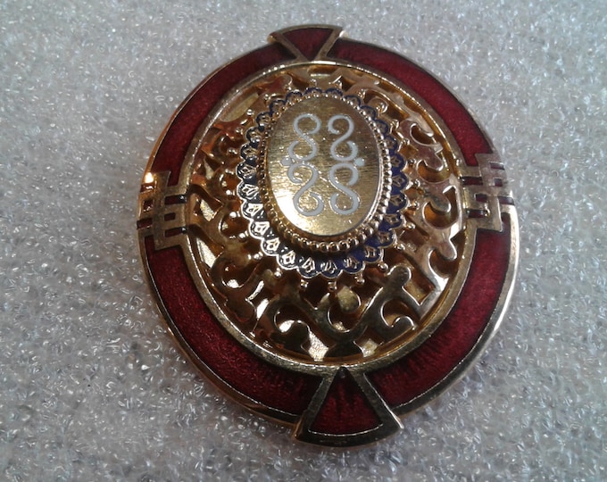 Stunning Large Oval Goldtone Brooch with Elaborate Enamel Designs in Maroon, Cobalt, and White Enamel with Filigree Detail