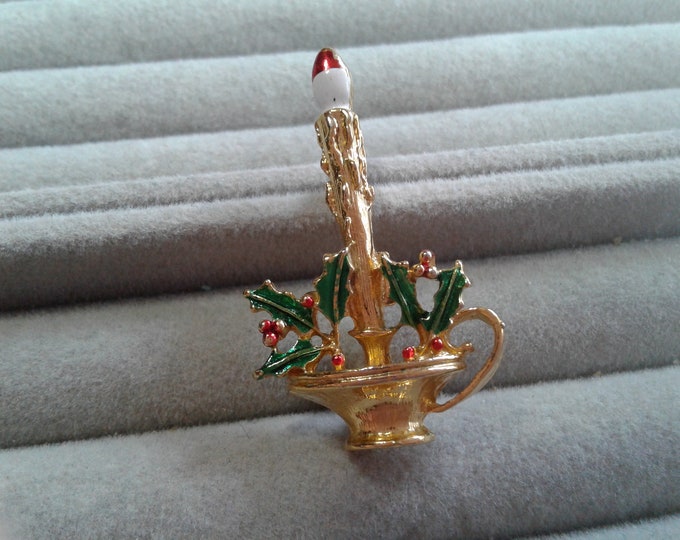 Gerrys Christmas Candle with Candle Holder and Holly Brooch, Signed