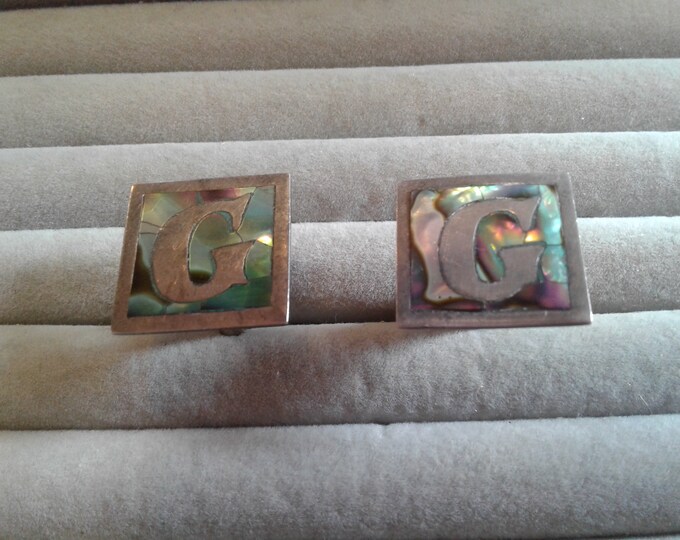 Sterling Silver, Alpaca, and Shell Inlay "G" Initial Cufflinks, Signed FLA, Mexico