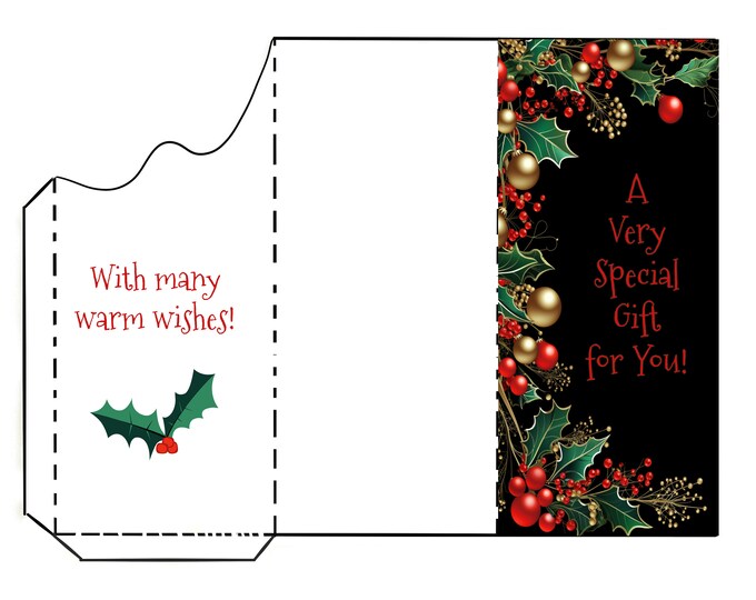 Elegant Holly Print and Fold Money Holder Christmas Greeting Card Instant Download