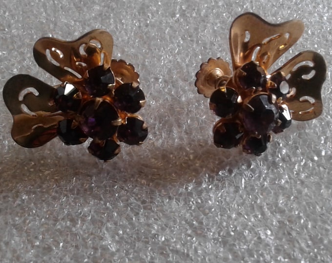 Coro Amethyst Rhinstone and Goldtone Screwback Floral Earrings, Signed