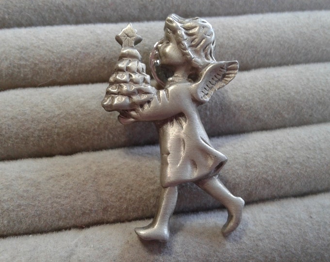 Small Pewter Angel or Fairy Carrying a Christmas Tree Tack Pin