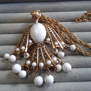 Huge Articulated Goldtone Thunderbird with White Beaded Dangles, 21&quot; Rope Chain