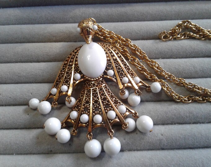 Huge Articulated Goldtone Thunderbird with White Beaded Dangles, 21" Rope Chain
