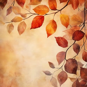 Può includere: Dipinto ad acquerello di un ramo con foglie autunnali in tonalità di rosso, arancione e marrone su uno sfondo marrone chiaro.