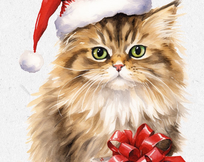 Watercolor Style Christmas Cats Downloadable Print/Cards Set, Five JPG images at 5x7 300 dpi--Commercial Use