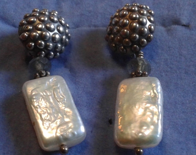 Sterling Silver Artisan Drop Earrings with Faceted Quartz Beads and  Freshwater Pearl Rectantgles, 925, Signed ST