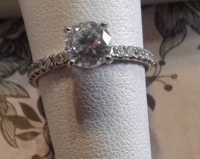 Sterling Silver and Cubic Zirconia Solitaire Engagement Ring with Thin Pave Band, 925 China, Size 6