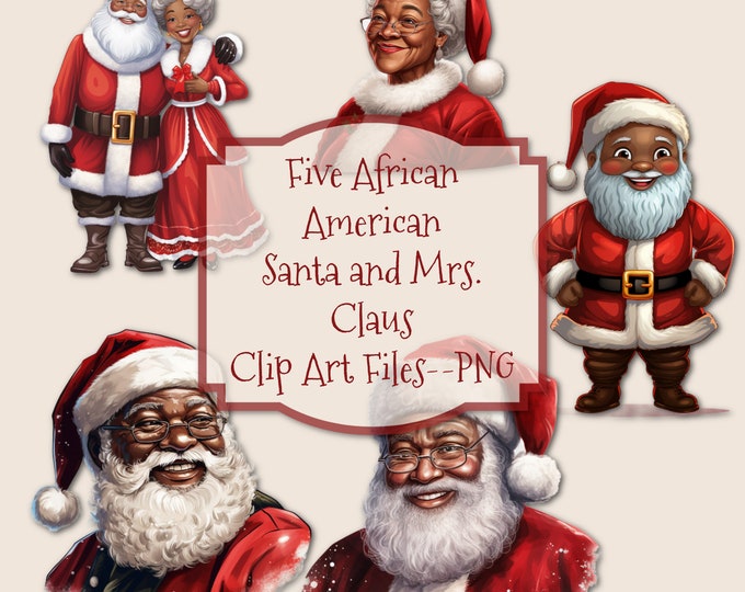 Five African American Santa and Mrs. Claus Clip Art Files--PNG