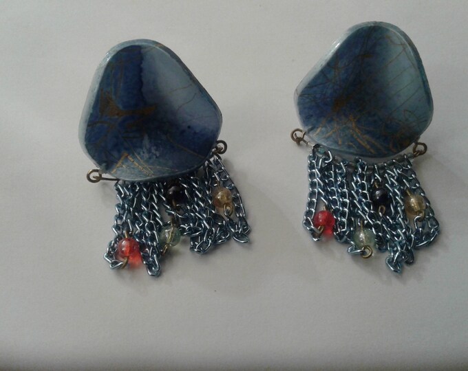 Extrordinary Thermoset Plastic, Chain, and Bead Novelty Clip On Earrings, Marked Made in W Germany