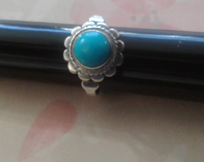 Sterling Silver and Turquoise Southwestern Floral Ring, Unidentified Maker's Mark, Size 4.5-5