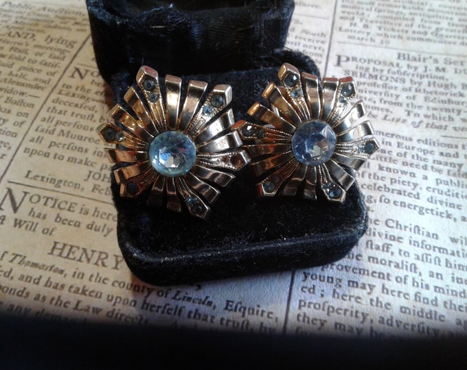 Ora Radiant Starburst Goldtone and Very Pale Blue Rhinestone Screwback Earrings, Signed Ora, Agnini and Singer