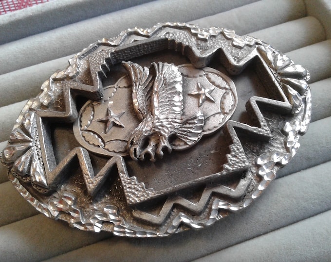 Legends West 1998 Eagle on Southwestern Motif Pewter Belt Buckle, Signed and Dated, Made in USA