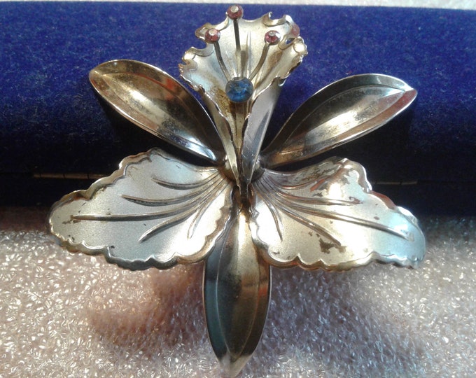 Bright and Frosted Silvertone Orchid with Pink and Blue Rhinestones Brooch