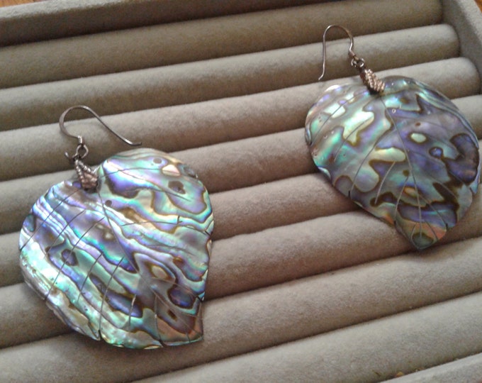 Sterling Silver and Carved Very High Quality Abalone Shell Leaf Earrings, 925