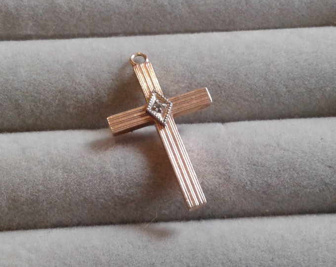 10K Yellow Gold and Diamond Art Deco Cross Pendant, Marked, No Chain