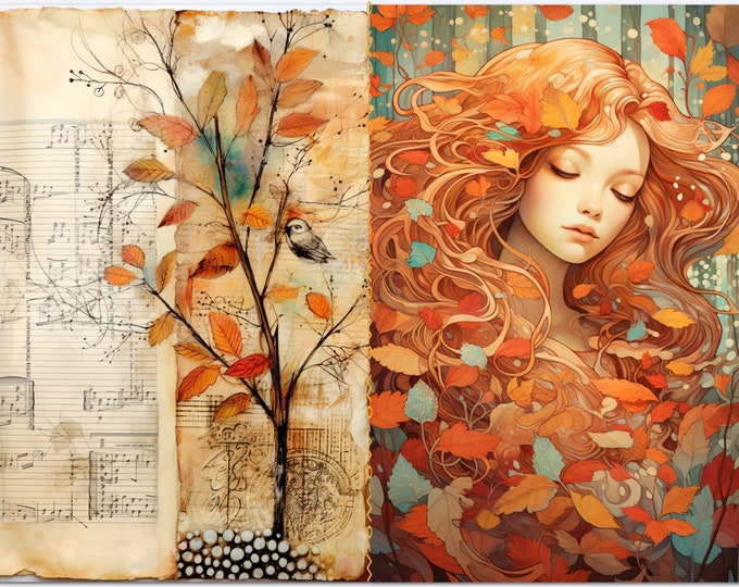 Autumn Scrap Junk Journal Sheets to Print at Home, 10 Designs. 5 Sheets