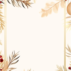 May include: A white background with a gold frame. The frame is decorated with dried floral branches and red berries.