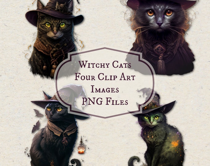 Four Witchy Cat Clip Art Images--Commercial Use--PNG Files