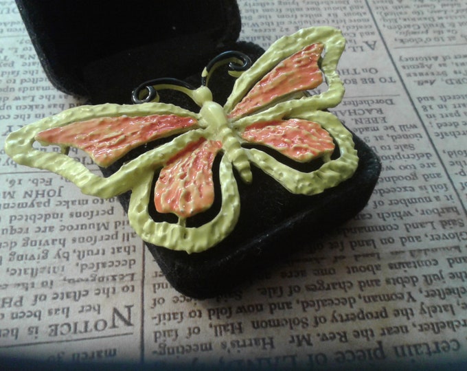 Vintage JJ Day Glo Enamel Butterly Brooch in Chartruese and Orange, Signed