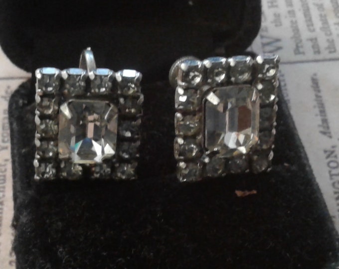 Hollywood Regency Round and Emerald Cut Rhinestone Screw Back Earrings
