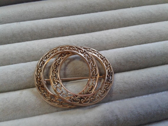 1/20 12K Gold Filled Filigree Double Circle Brooch - image 1