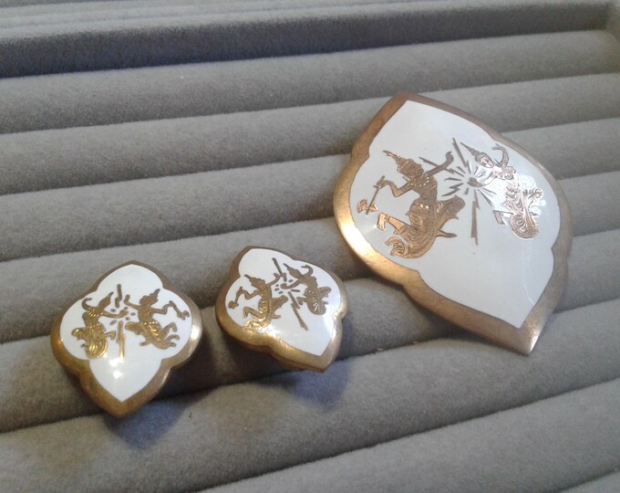 Siam White Enamel and Likely Brass Brooch and Earring Set with Dancers on Scalloped Leaf Shapes, Marked Siam