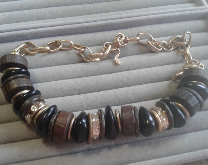 Banana Republic Chunky Goldtone Necklace with Wooden Beads, Signed