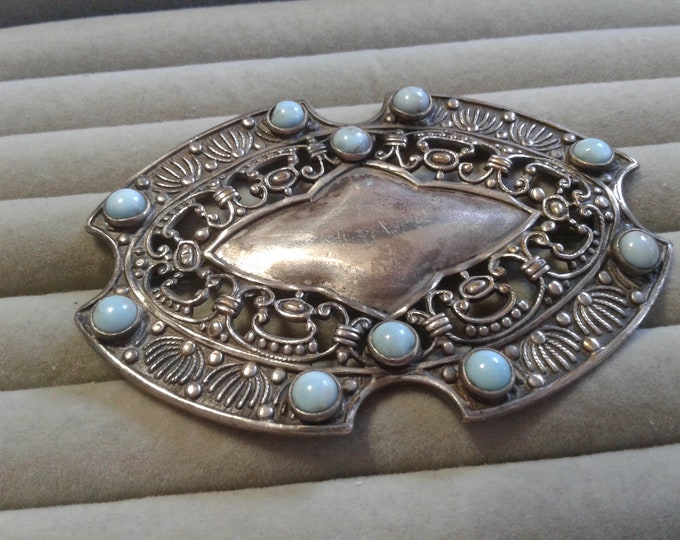 Large Antique Unmarked Silver Victorian Brooch with Glass Cabochons in Imitation of Turquoise, C Clasp