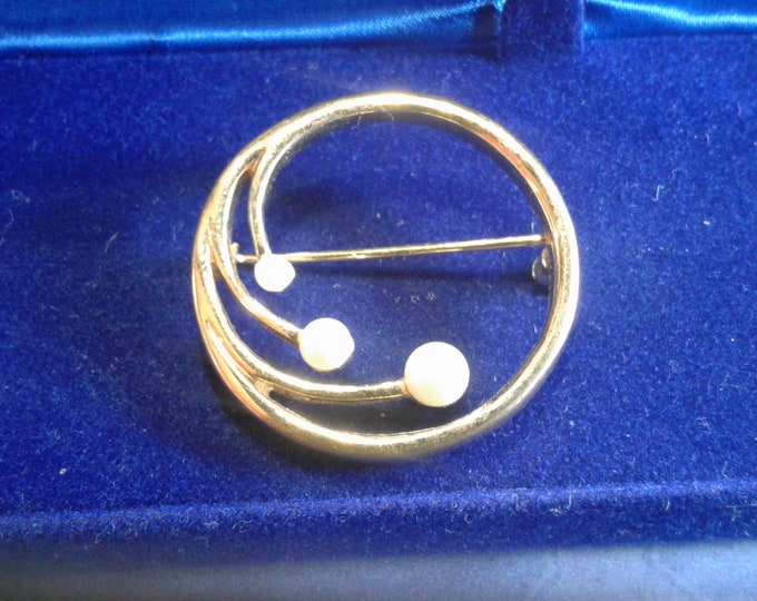 Small Monet Circle Brooch with Faux Pearl Sprigs, Signed