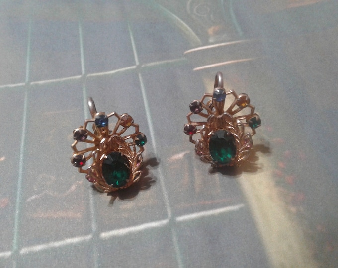 Delicate gold tone filigree and multicolored Crystal screw back earrings