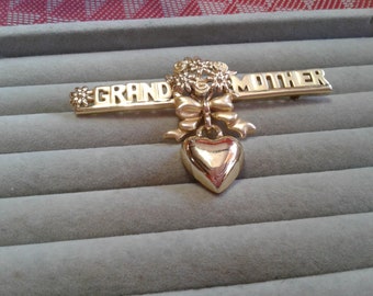 Goldtone Grandmother Pin with Bouquet of Flowers and Dangling Heart