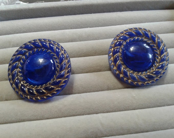 Blue Translucent Marbleized Plastic Button Clip On Earrings with Molded and Gilded Rope Detail, Made in Italy
