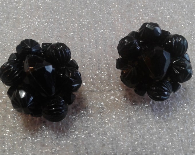 Black Plastic Beaded Floral Cluster Clip On Earrings, Marked "Made in Western Germany"