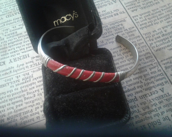 Vintage Red Leather Wrapped Metal Bangle Cuff Bracelet
