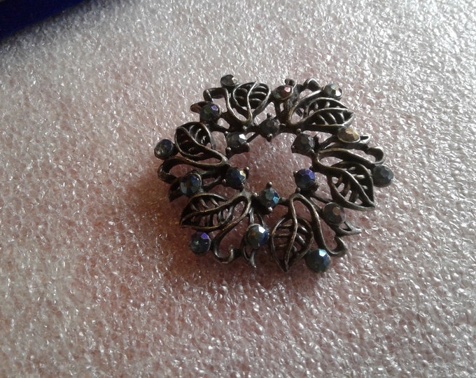 Pewtertone Circular Leaf Brooch with AB Rhinestones