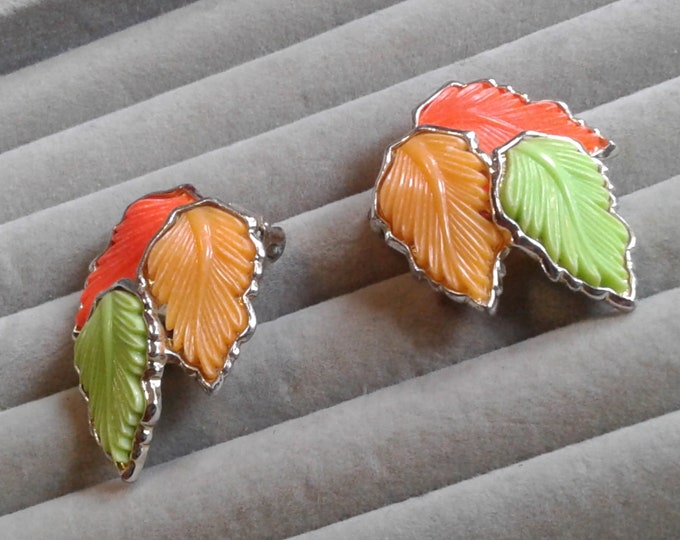 Large Late Midcentury Clip On  Earrings with Orange and Green Thermoset Plastic Leaves in Silvertone