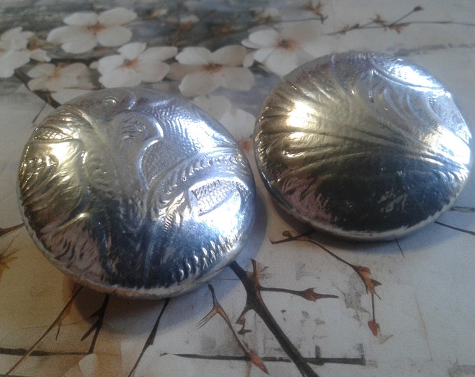 Oversized Silvertone Clip On Button Earrings in Subtle Embossed Paisley Pattern