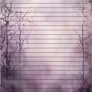 May include: Purple and white watercolor background with a faint image of trees. The background has horizontal lines, resembling lined paper.