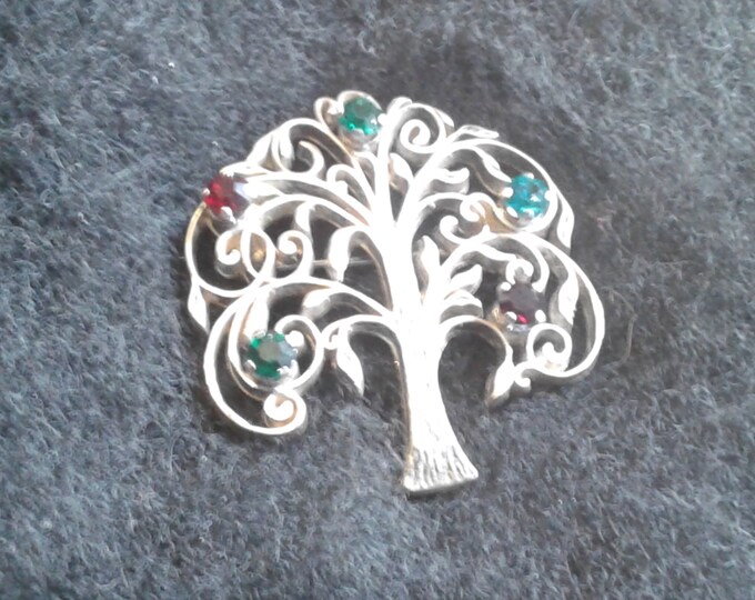 Anson Sterling Tree of Life Family Tree Brooch with Mulitcolored Rhinestones, Signed